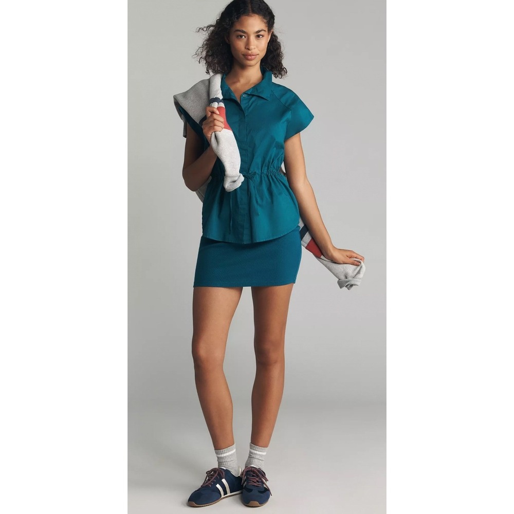 Sundry Anthropologie Cinched Waist Mini Dress Teal Blue Cotton NWT Large Preppy